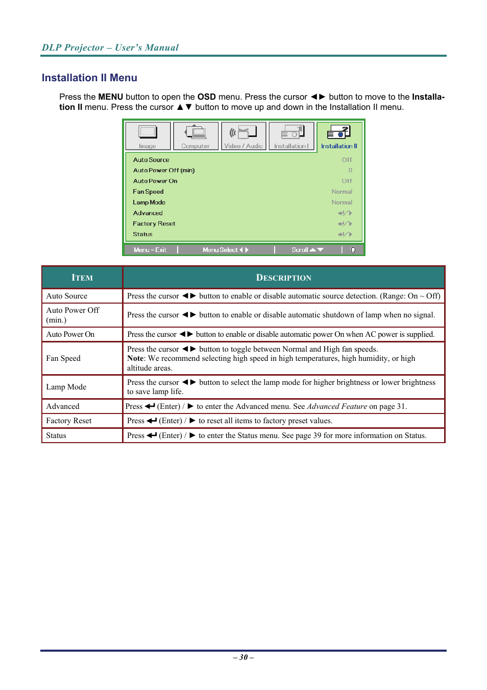 Installation ii menu, Nstallation | Vivitek D7 User Manual | Page 38 / 63