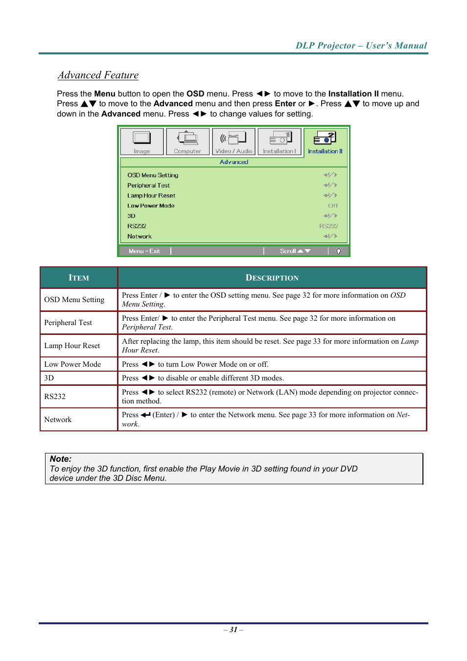 Advanced feature, Advanced feature o, Ge 31 | Vivitek D7 User Manual | Page 39 / 63