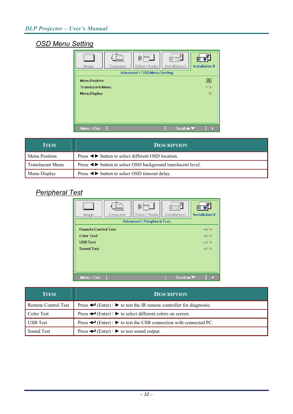 Osd menu setting, Peripheral test, Ge 32 | Vivitek D7 User Manual | Page 40 / 63