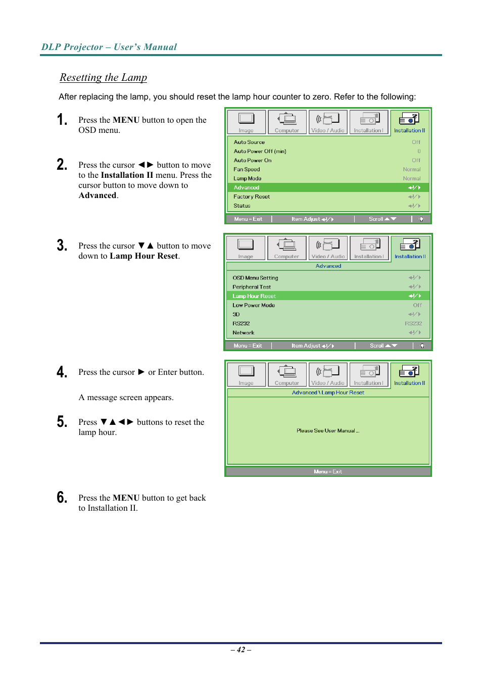 Resetting the lamp | Vivitek D7 User Manual | Page 50 / 63