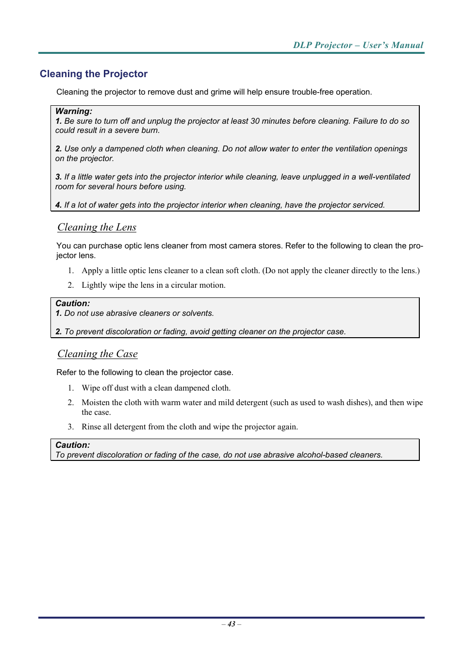 Cleaning the projector, Cleaning the lens, Cleaning the case | Leaning the, Rojector | Vivitek D7 User Manual | Page 51 / 63