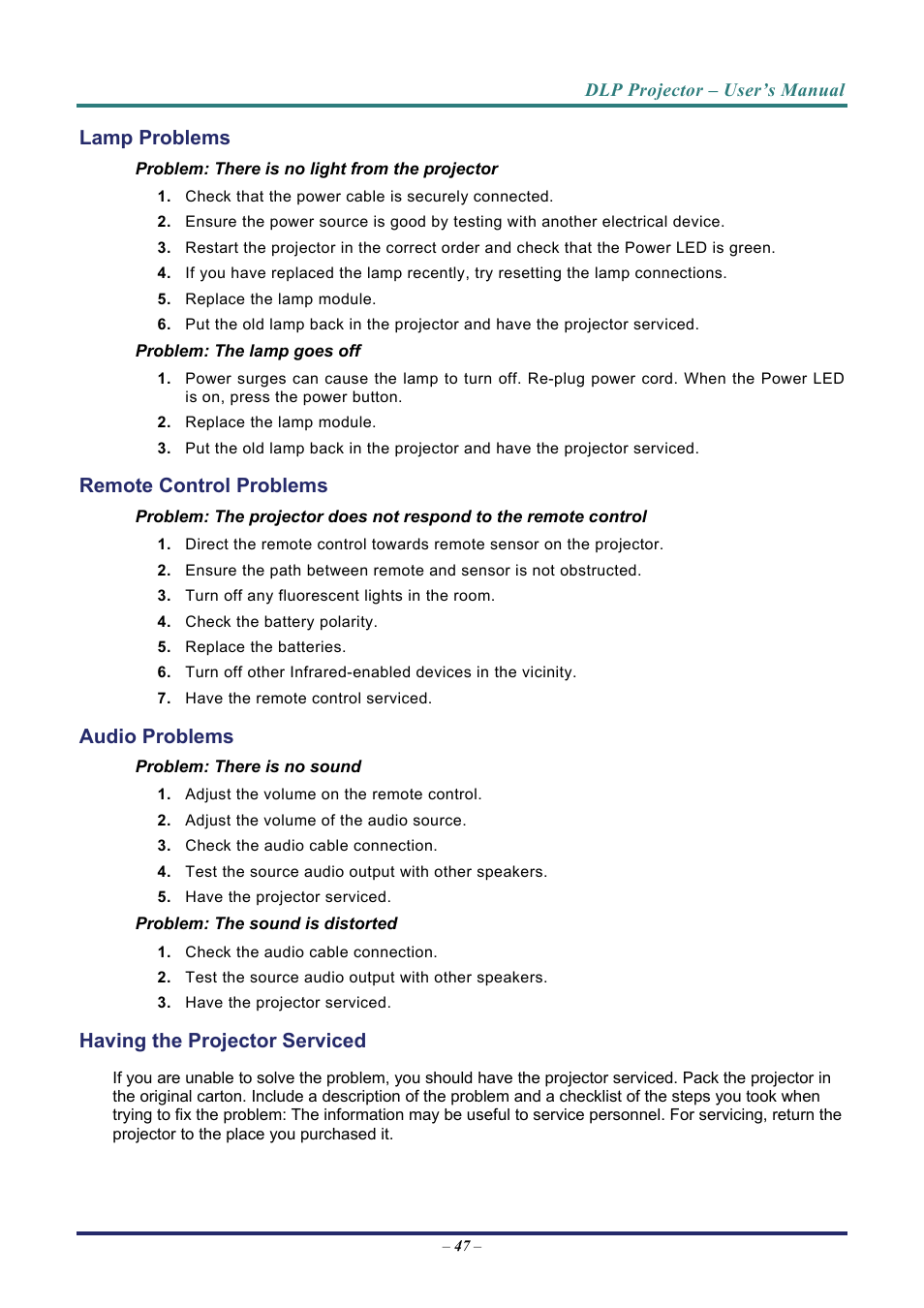 Lamp problems, Remote control problems, Audio problems | Having the projector serviced, Roblems, Emote, Ontrol, Udio, Aving the, Rojector | Vivitek D7 User Manual | Page 55 / 63