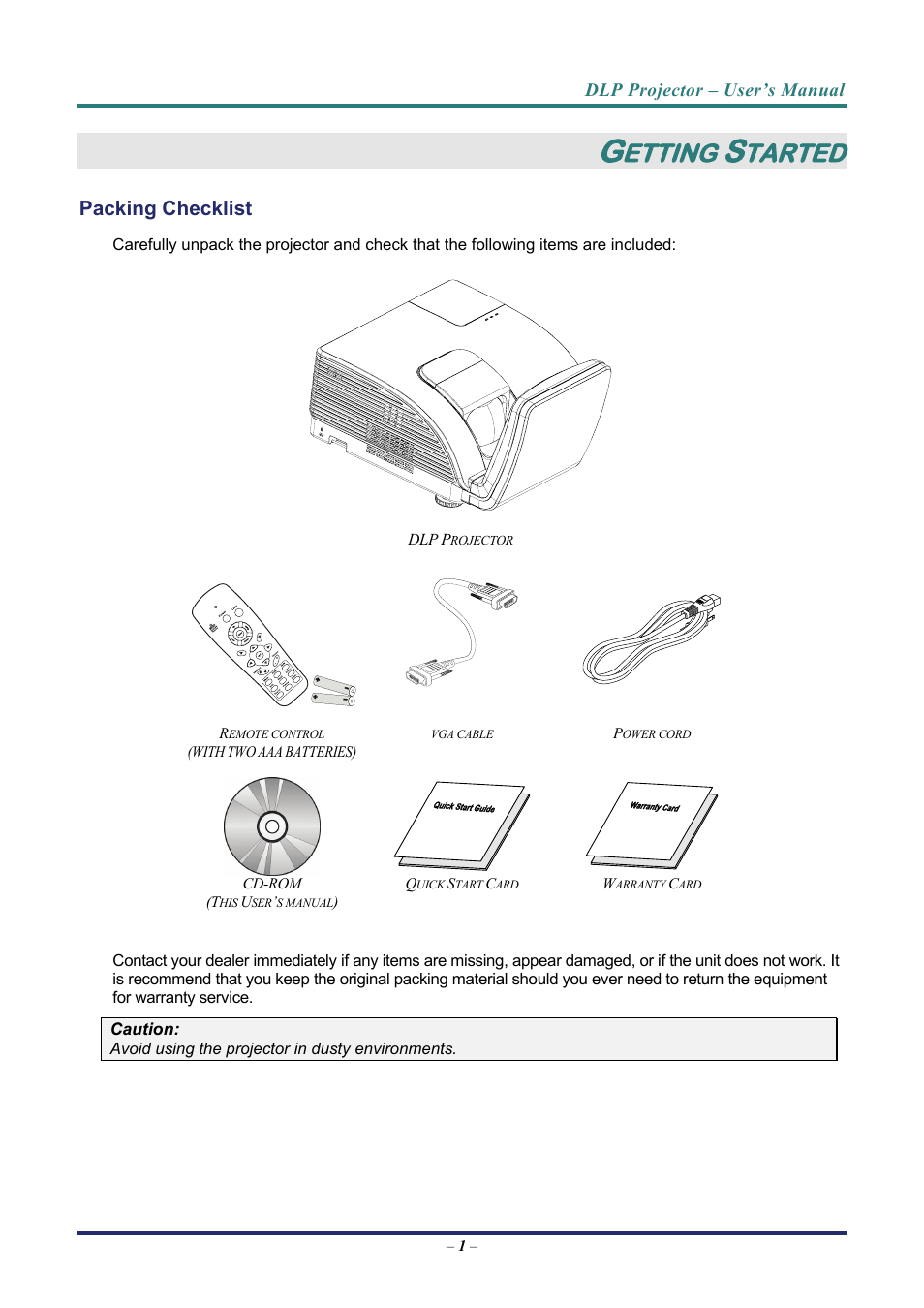 Getting started, Packing checklist, Acking | Hecklist, Etting, Tarted | Vivitek D7 User Manual | Page 9 / 63