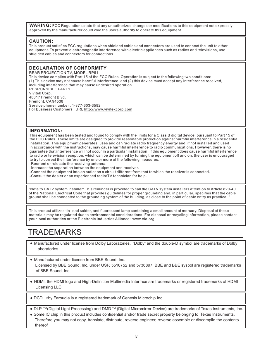 Trademarks | Vivitek 51" Micro Display Projection TV User Manual | Page 4 / 58
