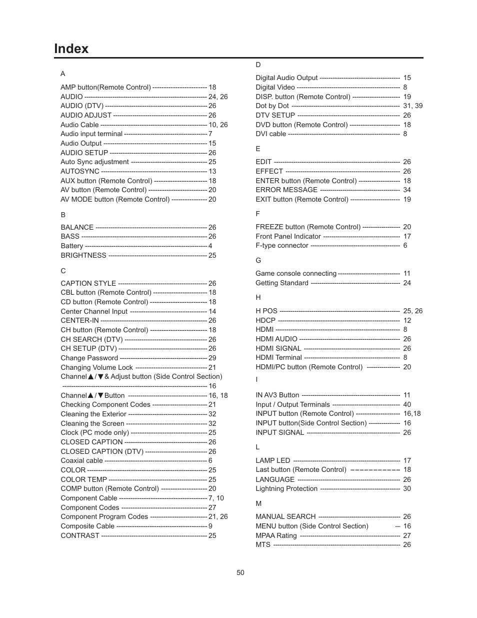 Index | Vivitek 51" Micro Display Projection TV User Manual | Page 56 / 58