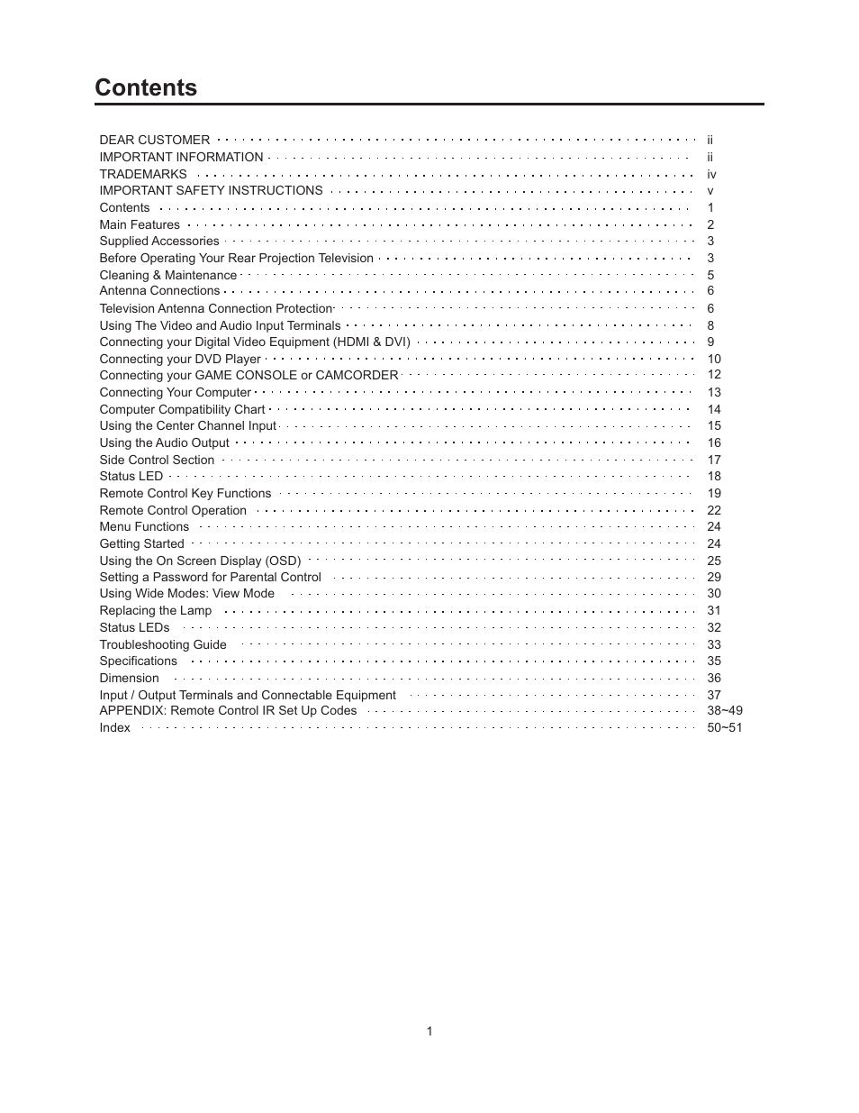 Vivitek 51" Micro Display Projection TV User Manual | Page 7 / 58