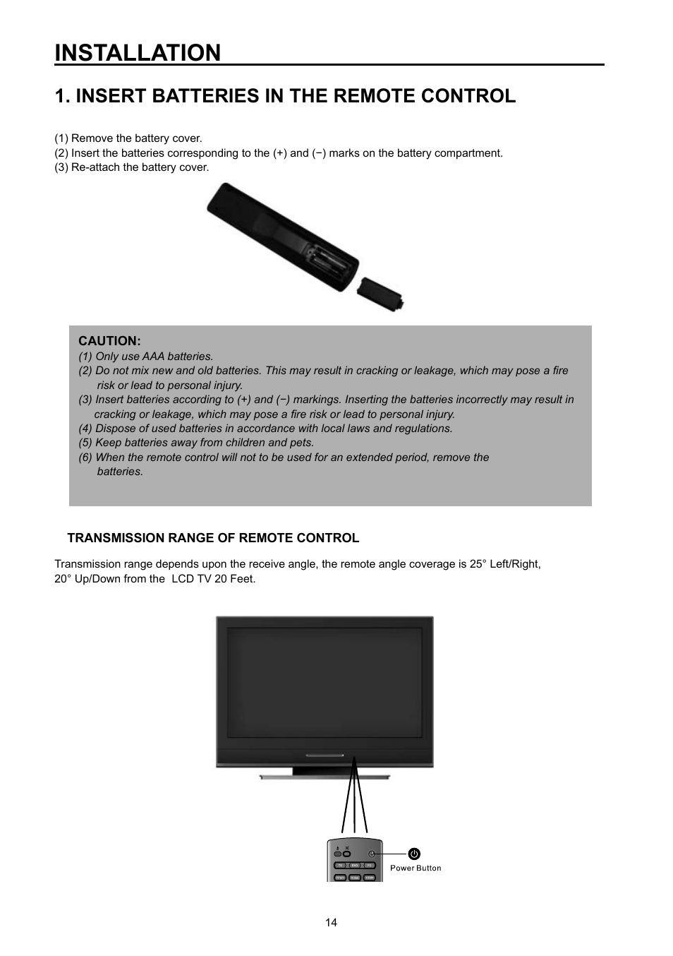 Installation, Insert batteries in the remote control | Vivitek DVD Combo User Manual | Page 15 / 66
