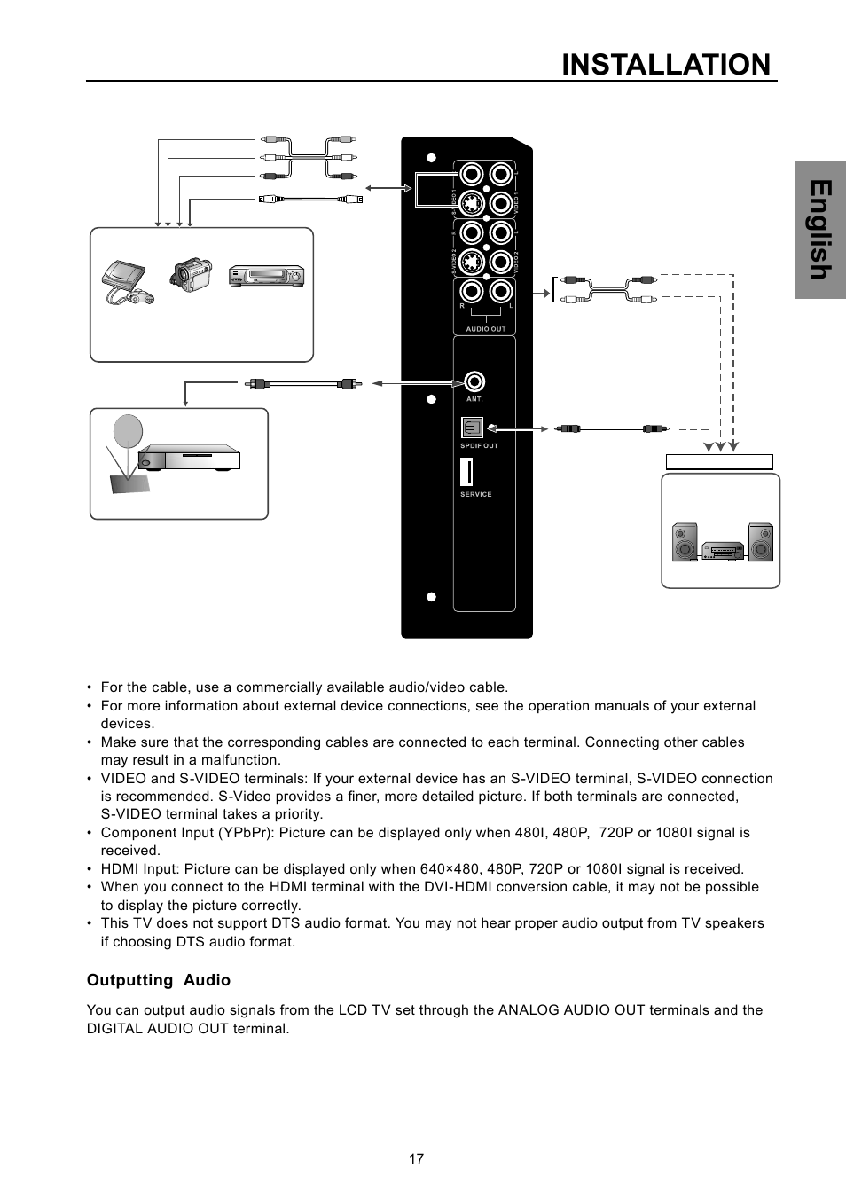 Installation, English, Outputting audio | Vivitek DVD Combo User Manual | Page 18 / 66