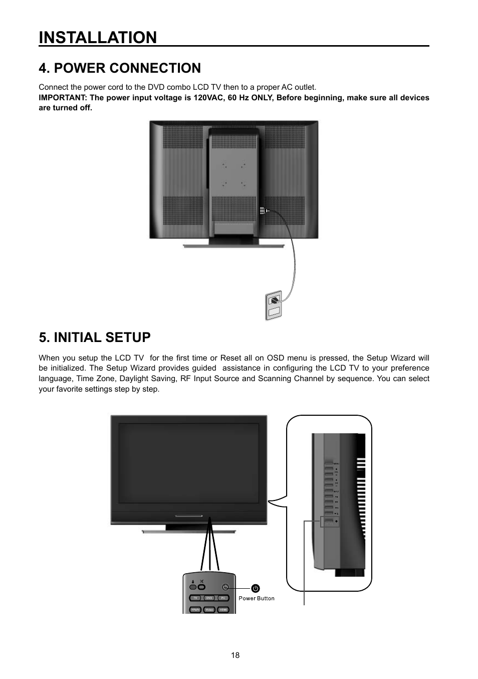 Installation, Power connection, Initial setup | Vivitek DVD Combo User Manual | Page 19 / 66