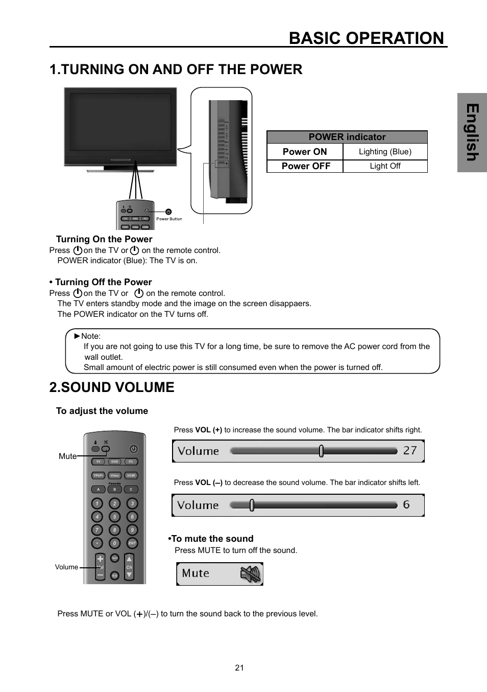 Basic operation, English, Turning on and off the power | Sound volume | Vivitek DVD Combo User Manual | Page 22 / 66