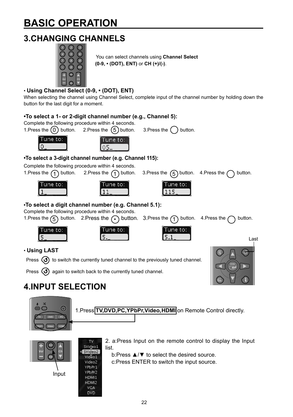 Basic operation, Changing channels, Input selection | Vivitek DVD Combo User Manual | Page 23 / 66