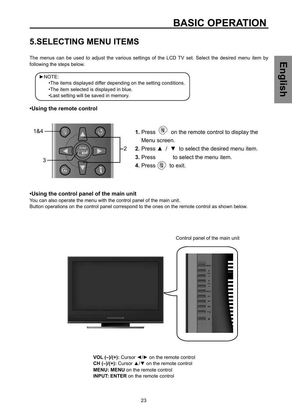 Basic operation, English, Selecting menu items | Vivitek DVD Combo User Manual | Page 24 / 66