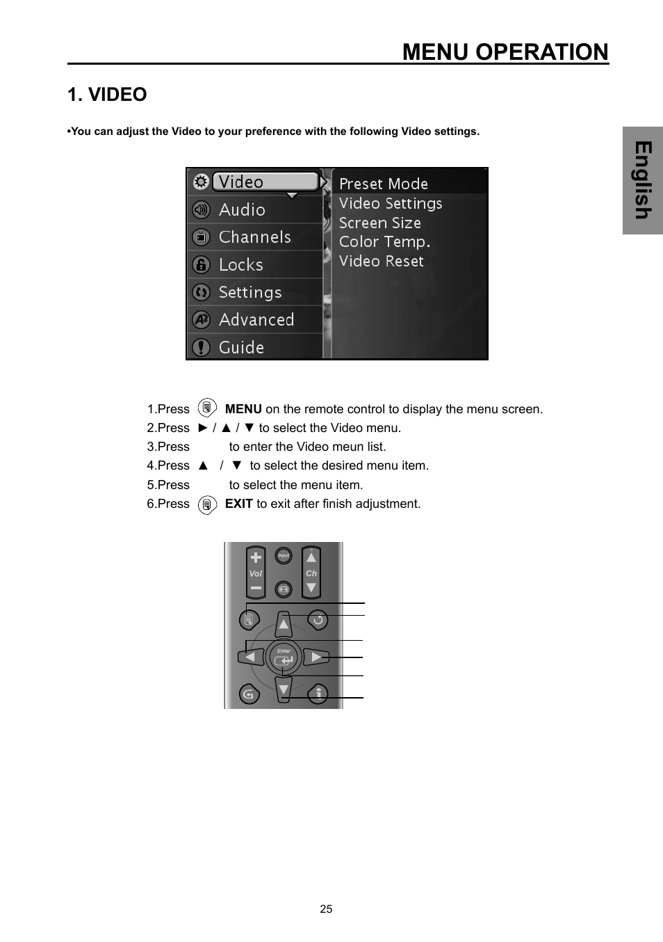 Menu operation, English, Video | Vivitek DVD Combo User Manual | Page 26 / 66