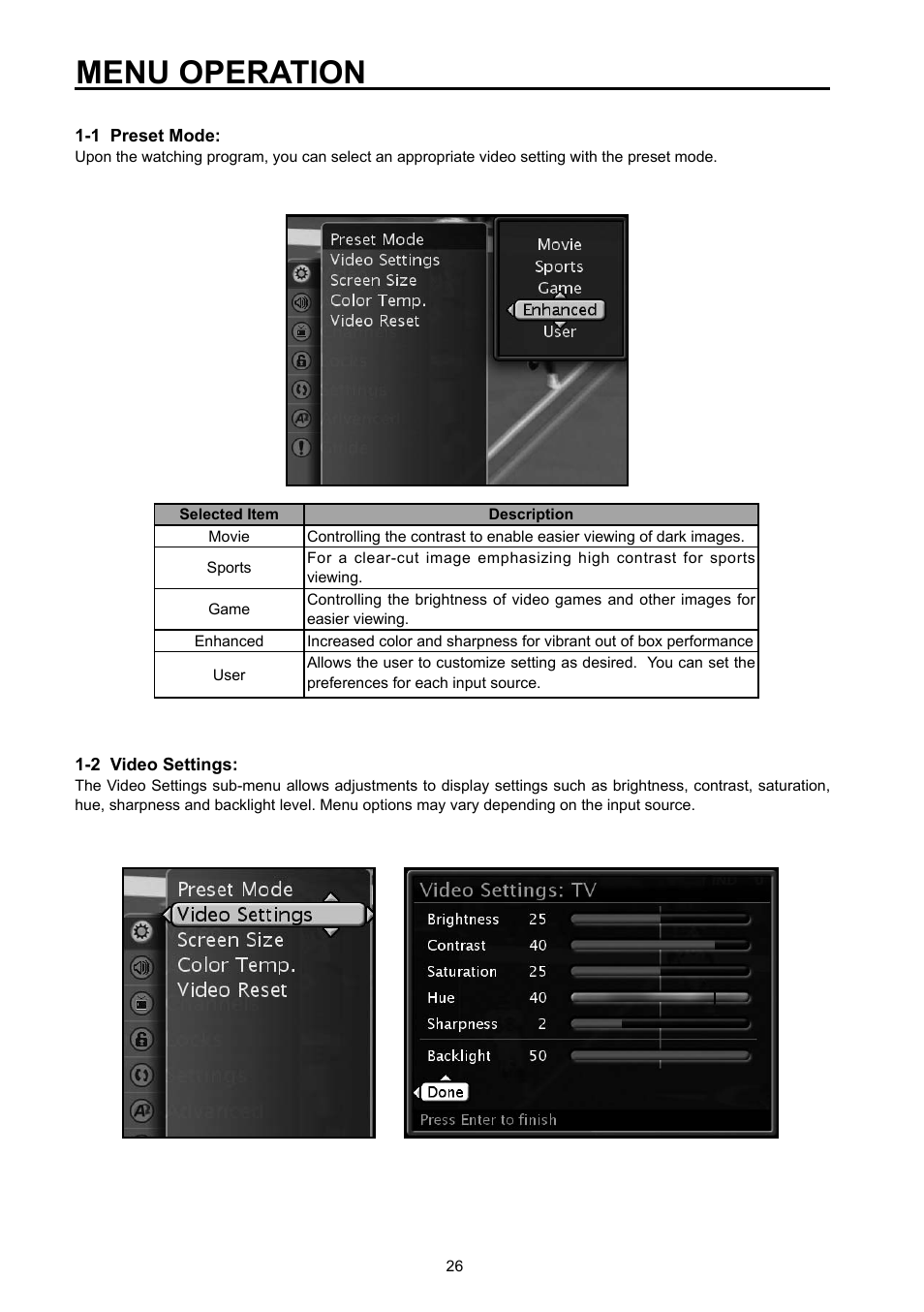 Menu operation | Vivitek DVD Combo User Manual | Page 27 / 66