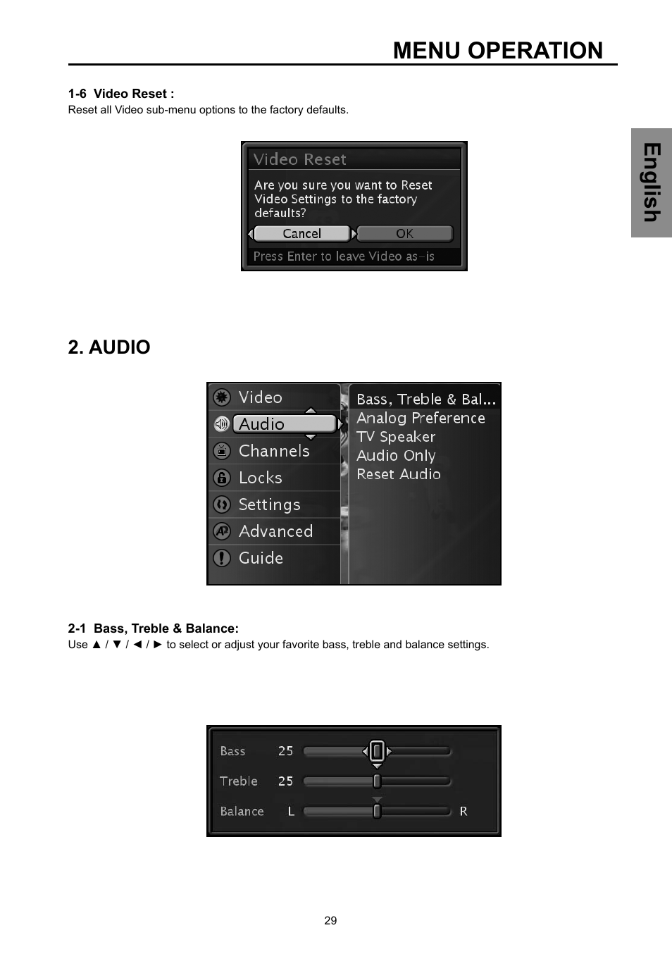Menu operation, English, Audio | Vivitek DVD Combo User Manual | Page 30 / 66