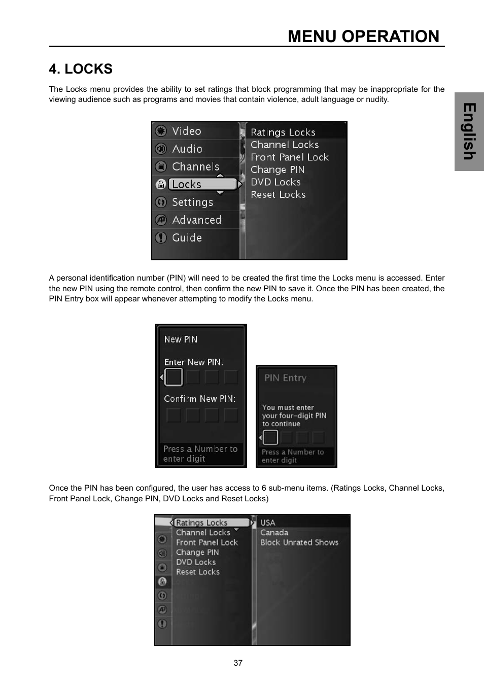 Menu operation, English, Locks | Vivitek DVD Combo User Manual | Page 38 / 66