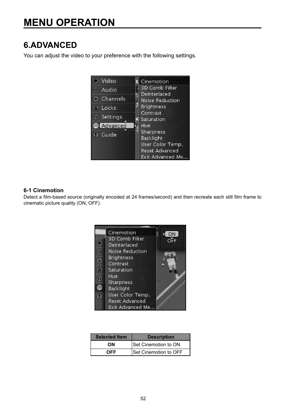 Menu operation, Advanced | Vivitek DVD Combo User Manual | Page 53 / 66