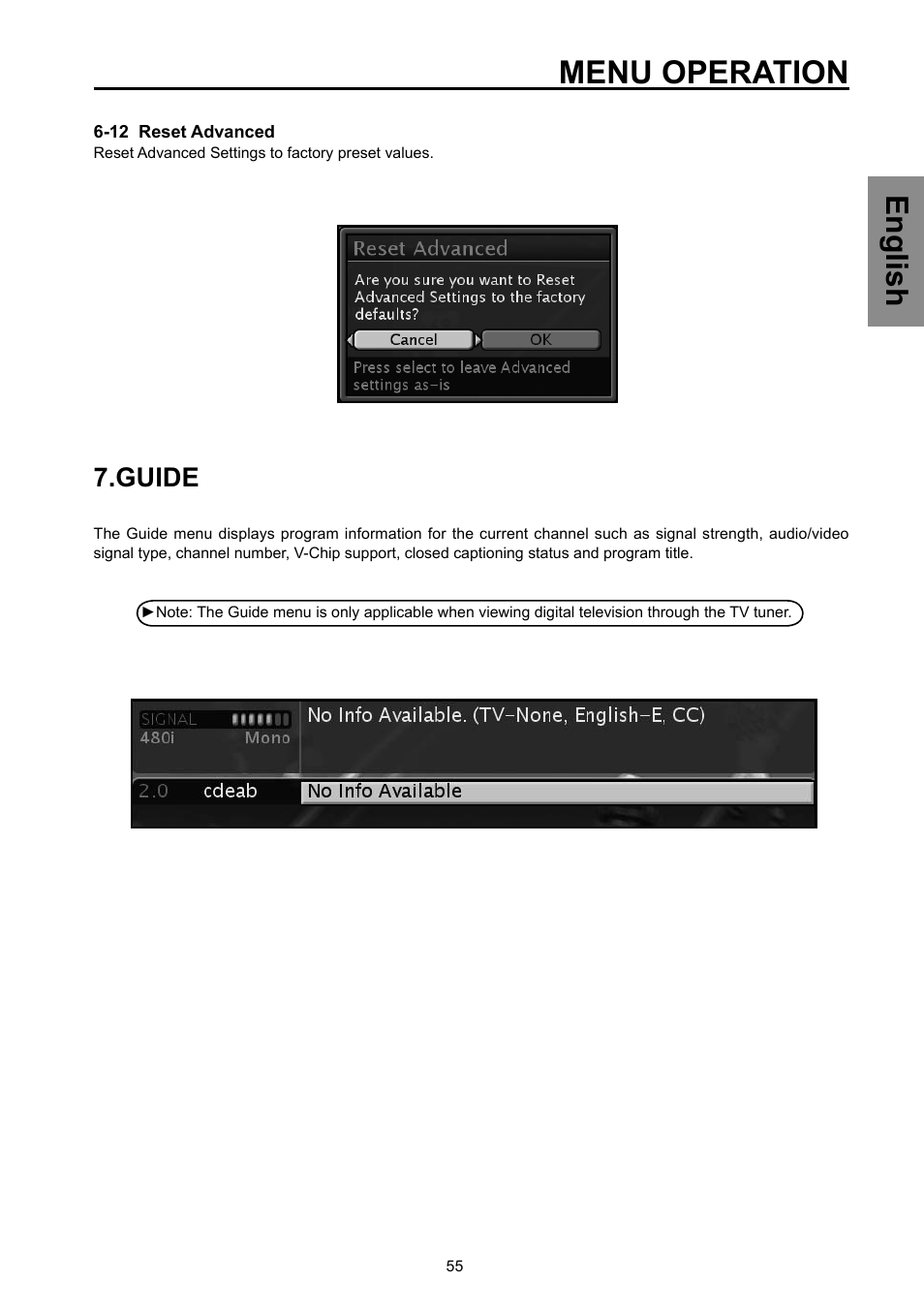 Menu operation, English, Guide | Vivitek DVD Combo User Manual | Page 56 / 66