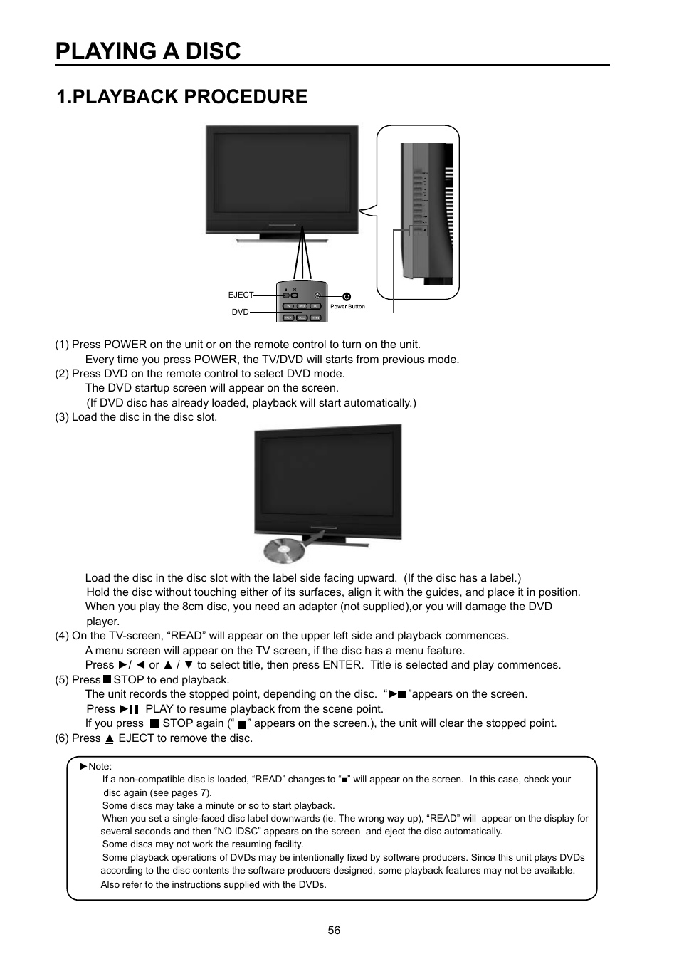 Playing a disc, Playback procedure | Vivitek DVD Combo User Manual | Page 57 / 66