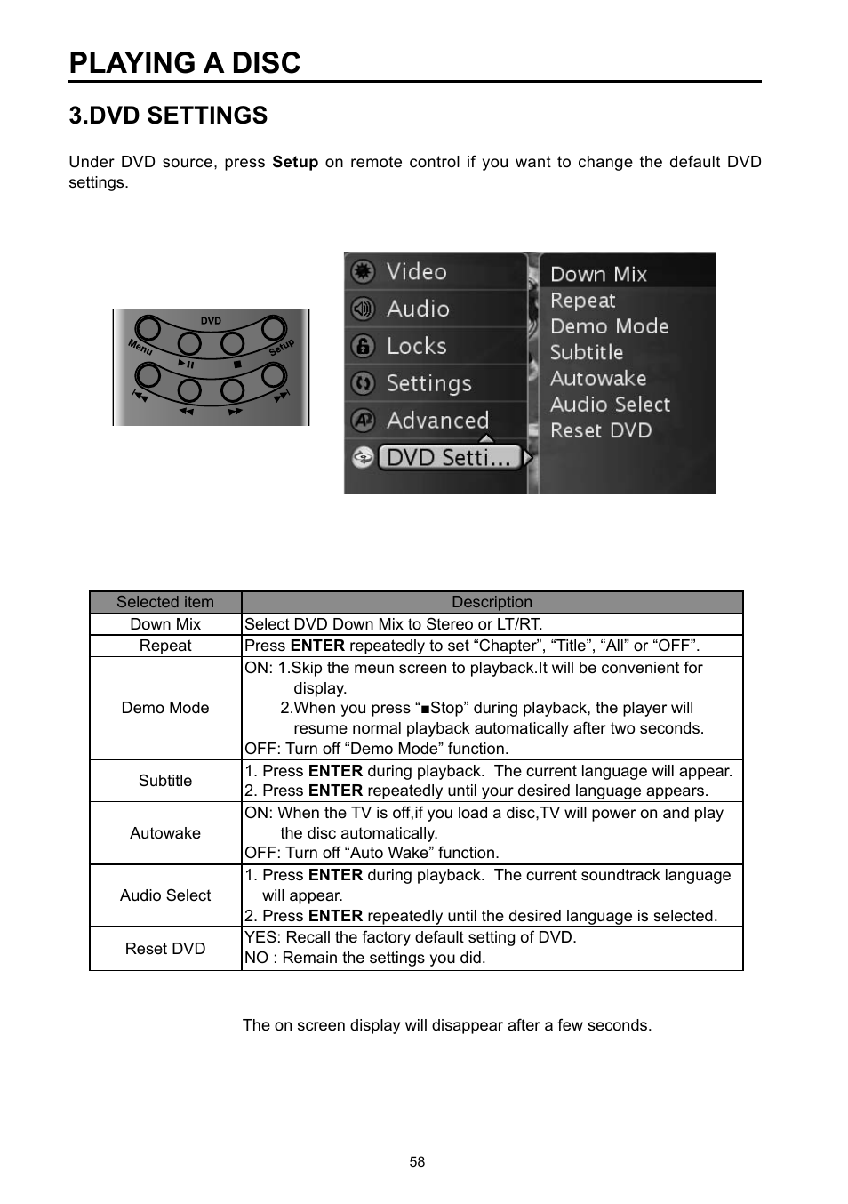 Playing a disc, Dvd settings | Vivitek DVD Combo User Manual | Page 59 / 66
