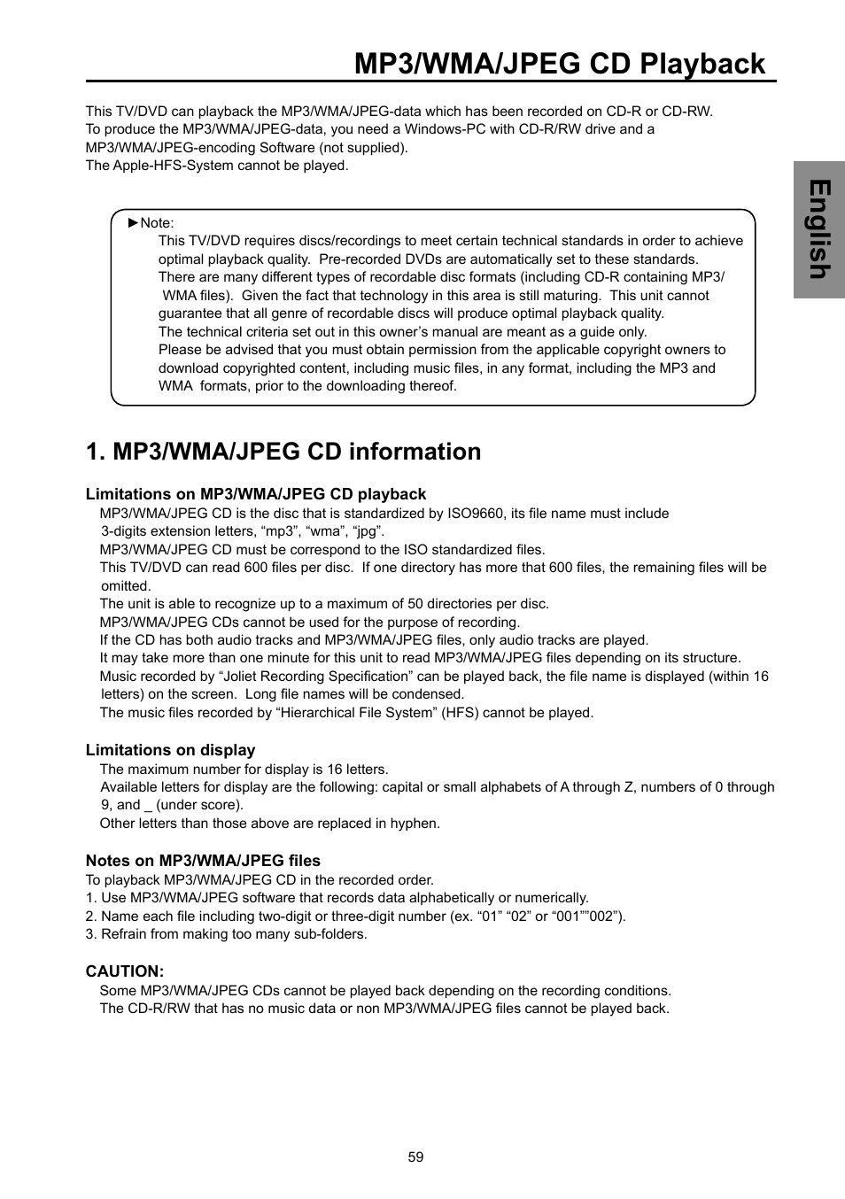 Mp3/wma/jpeg cd playback, English, Mp3/wma/jpeg cd information | Vivitek DVD Combo User Manual | Page 60 / 66