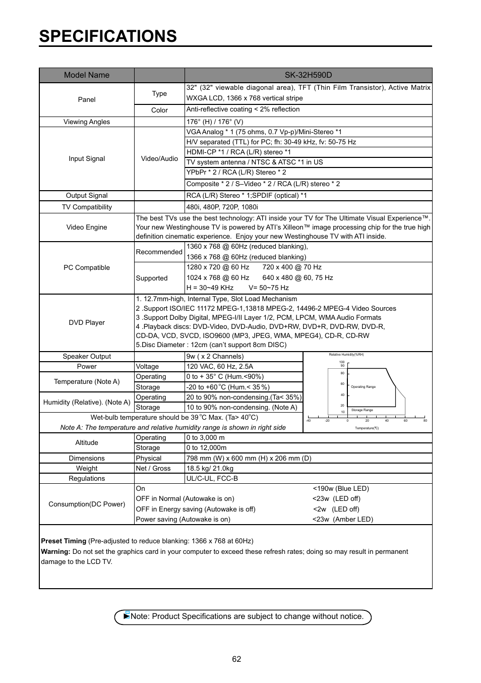 Specifications | Vivitek DVD Combo User Manual | Page 63 / 66