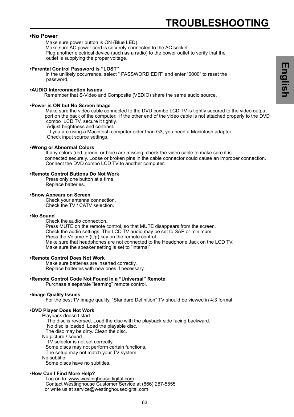 Troubleshooting, English | Vivitek DVD Combo User Manual | Page 64 / 66