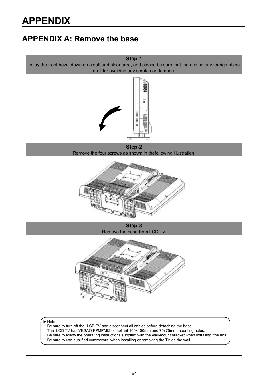 Appendix, Appendix a: remove the base | Vivitek DVD Combo User Manual | Page 65 / 66