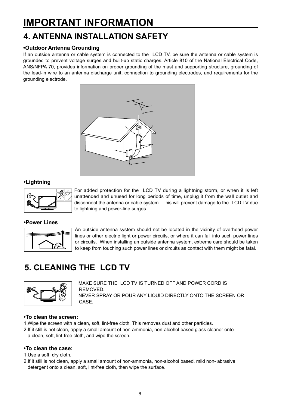 Important information, Cleaning the lcd tv 4. antenna installation safety | Vivitek DVD Combo User Manual | Page 7 / 66