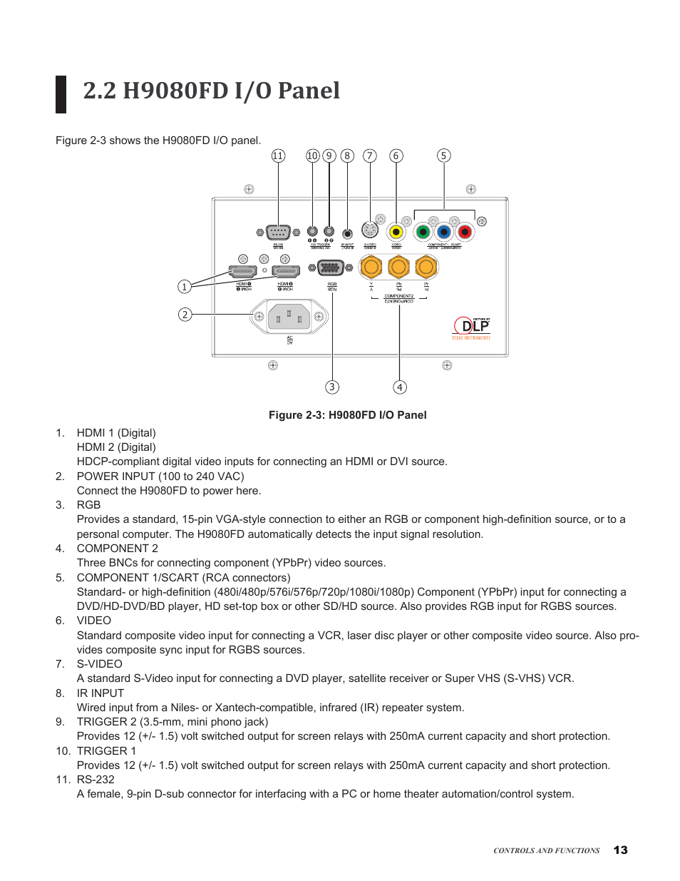 2 h9080fd i/o panel | Vivitek H9080FD User Manual | Page 13 / 73