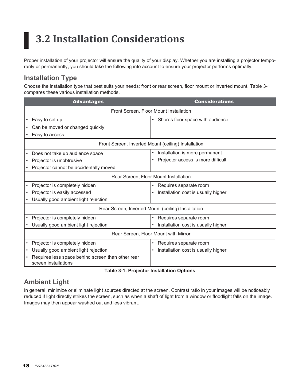 2 installation considerations, Installation type, Ambient light | Installation.type ambient.light | Vivitek H9080FD User Manual | Page 18 / 73