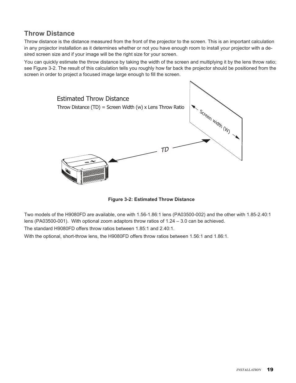 Throw distance, Throw.distance, Estimated throw distance | Vivitek H9080FD User Manual | Page 19 / 73