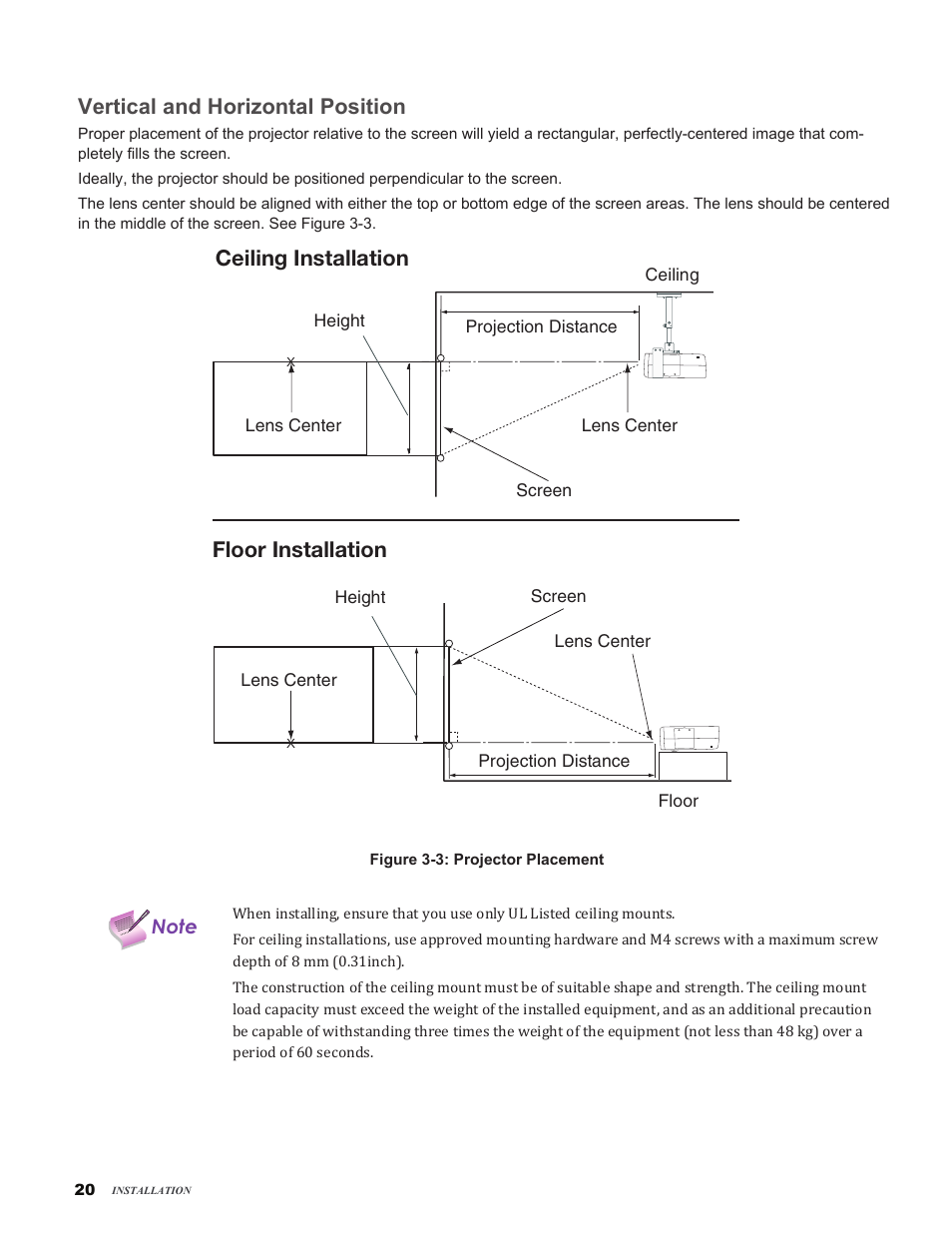 Vertical and horizontal position, Vertical.and.horizontal.position, Ceiling installation | Floor installation | Vivitek H9080FD User Manual | Page 20 / 73