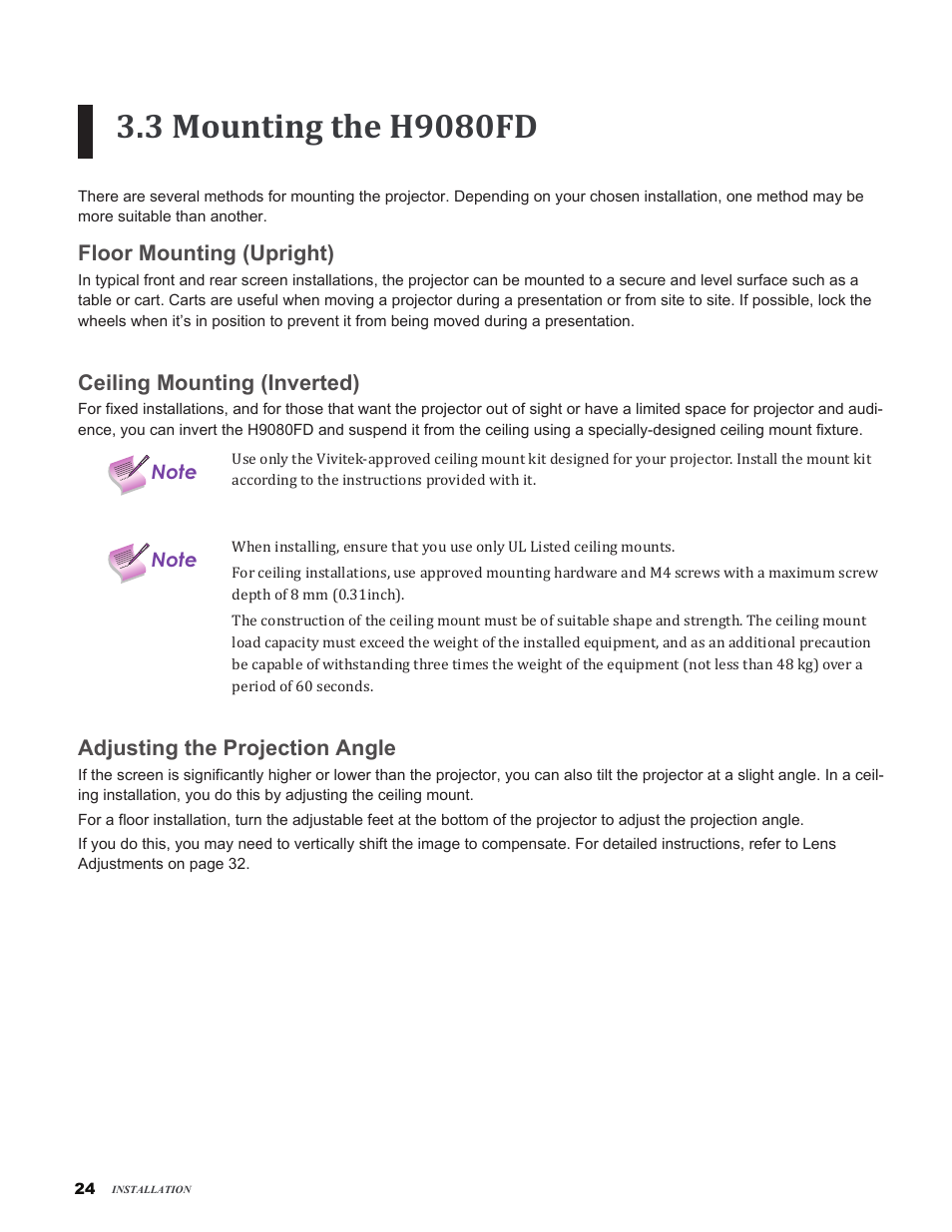 3 mounting the h9080fd, Floor mounting (upright), Ceiling mounting (inverted) | Adjusting the projection angle | Vivitek H9080FD User Manual | Page 24 / 73