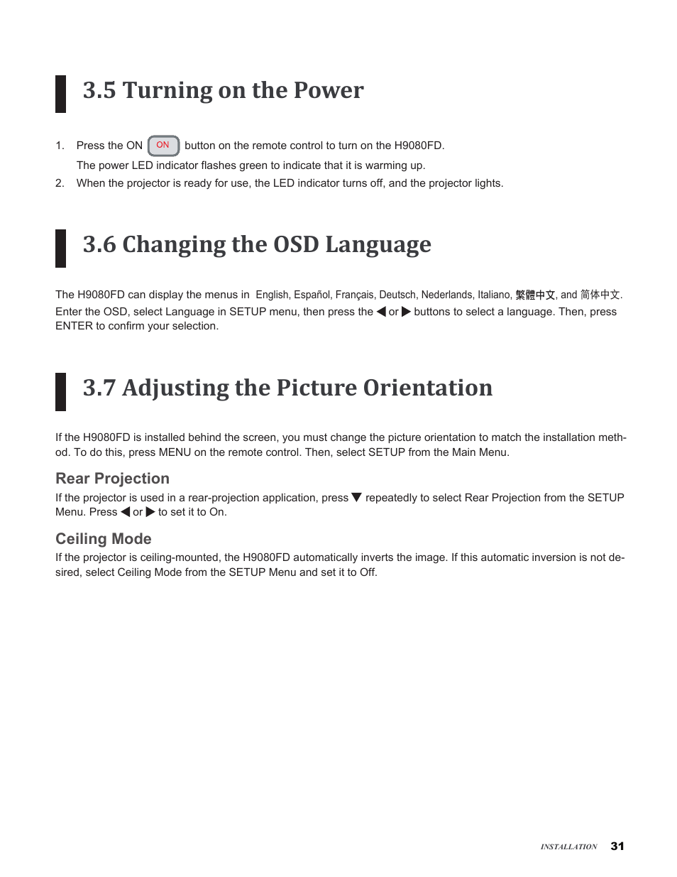 5 turning on the power, 6 changing the osd language, 7 adjusting the picture orientation | Rear projection, Ceiling mode, Rear.projection ceiling.mode | Vivitek H9080FD User Manual | Page 31 / 73