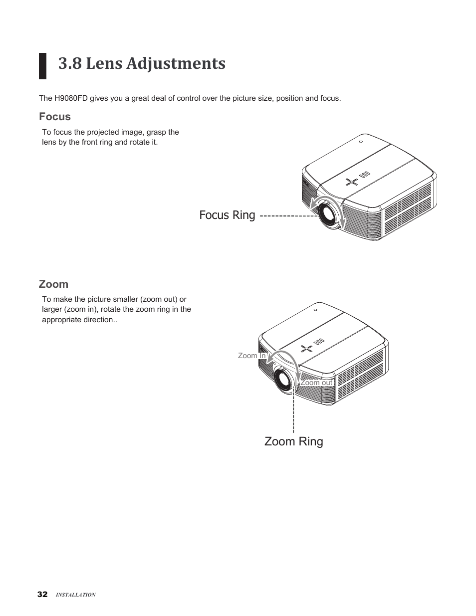 8 lens adjustments, Focus, Zoom | Focus zoom, Zoom ring, Focus ring | Vivitek H9080FD User Manual | Page 32 / 73