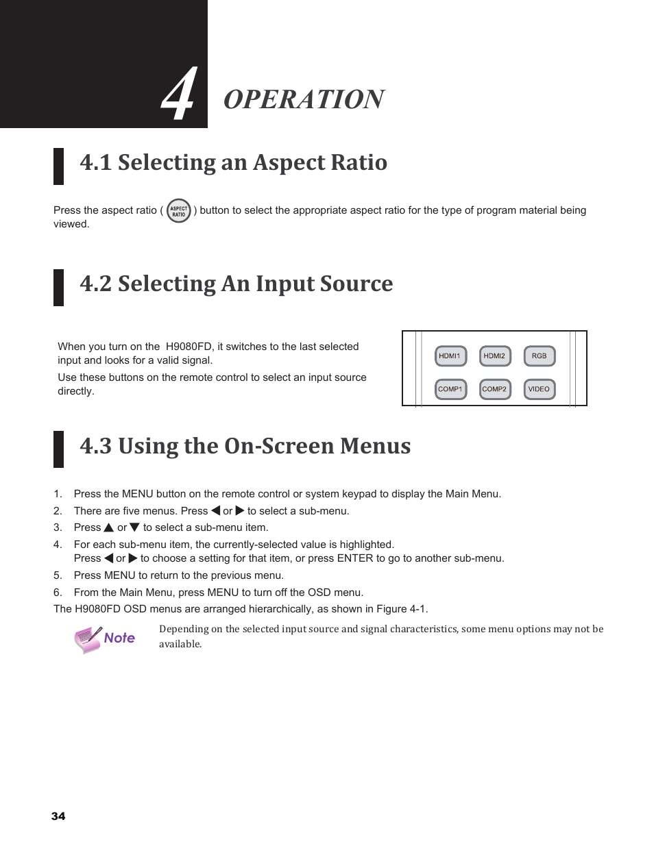 Operation, 1 selecting an aspect ratio, 2 selecting an input source | 3 using the on-screen menus | Vivitek H9080FD User Manual | Page 34 / 73