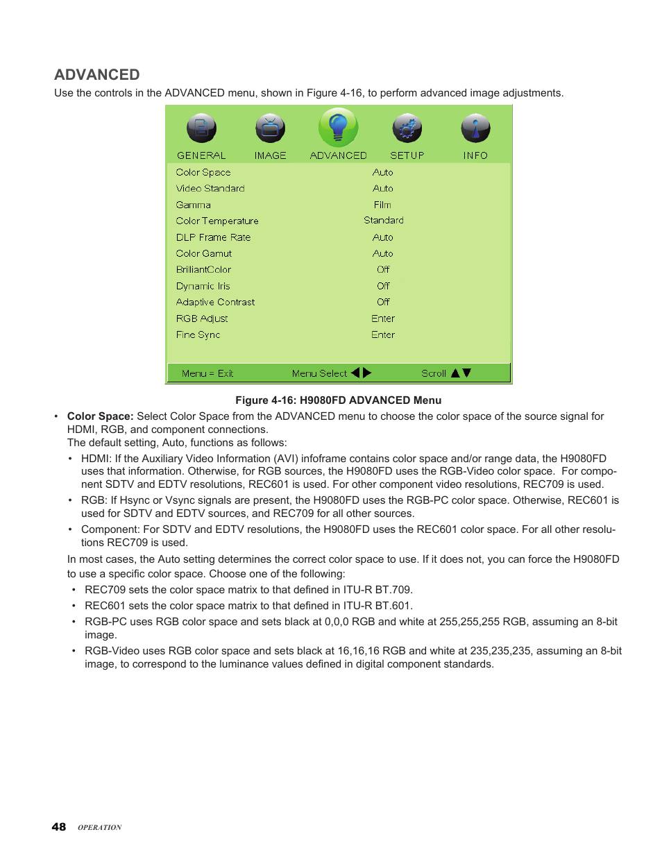 Advanced | Vivitek H9080FD User Manual | Page 48 / 73
