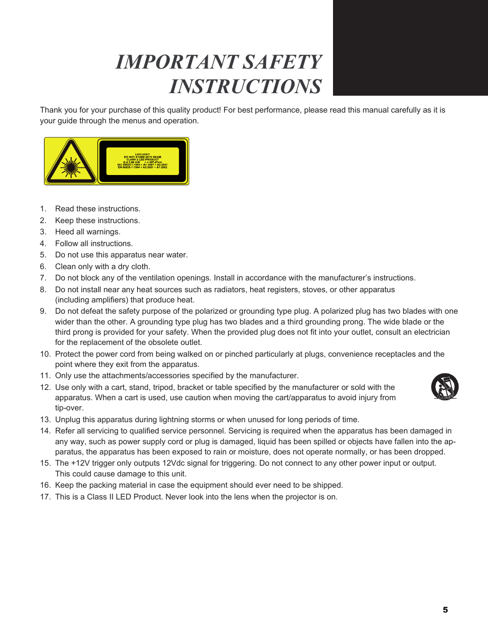 Important safety instructions | Vivitek H9080FD User Manual | Page 5 / 73