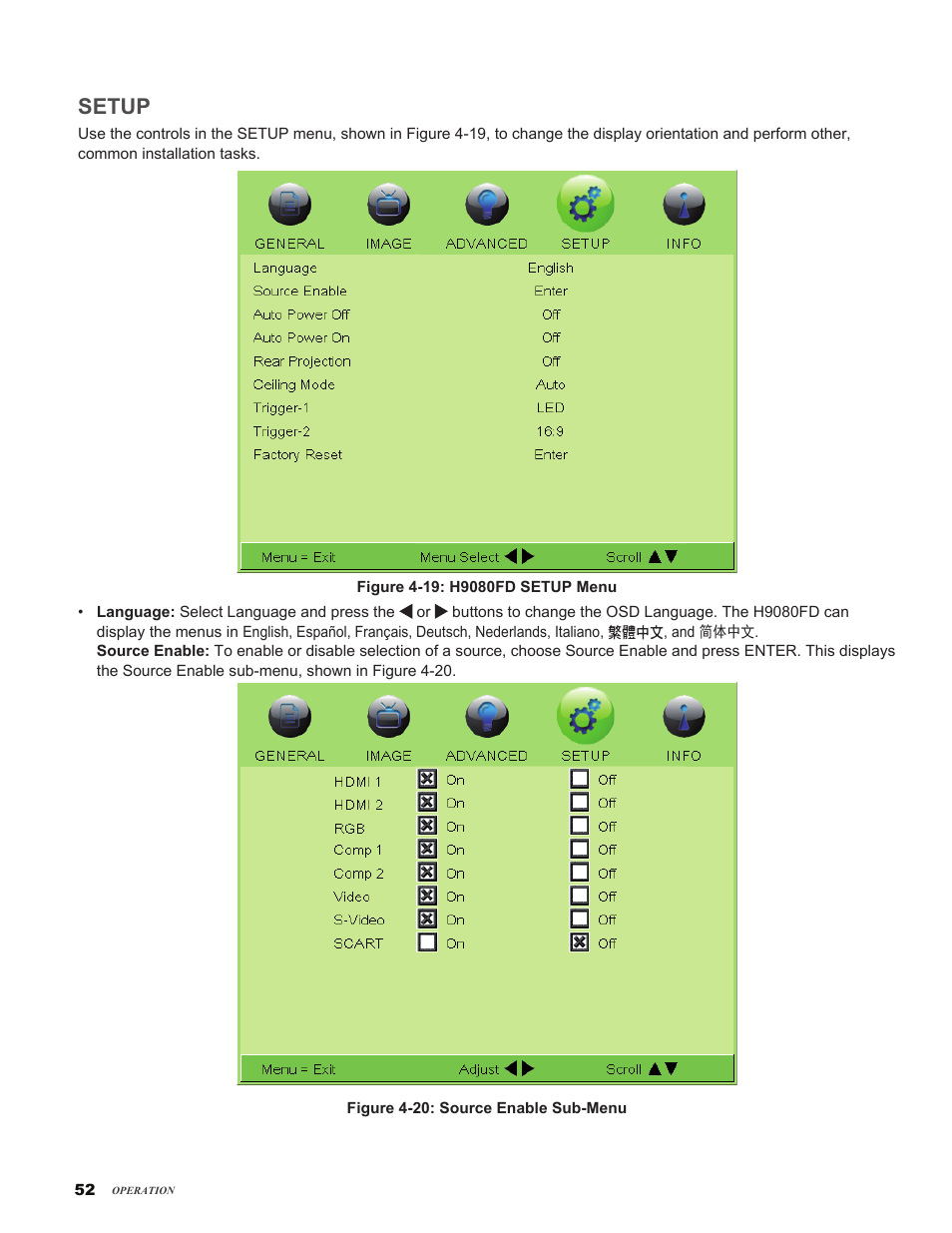 Setup | Vivitek H9080FD User Manual | Page 52 / 73