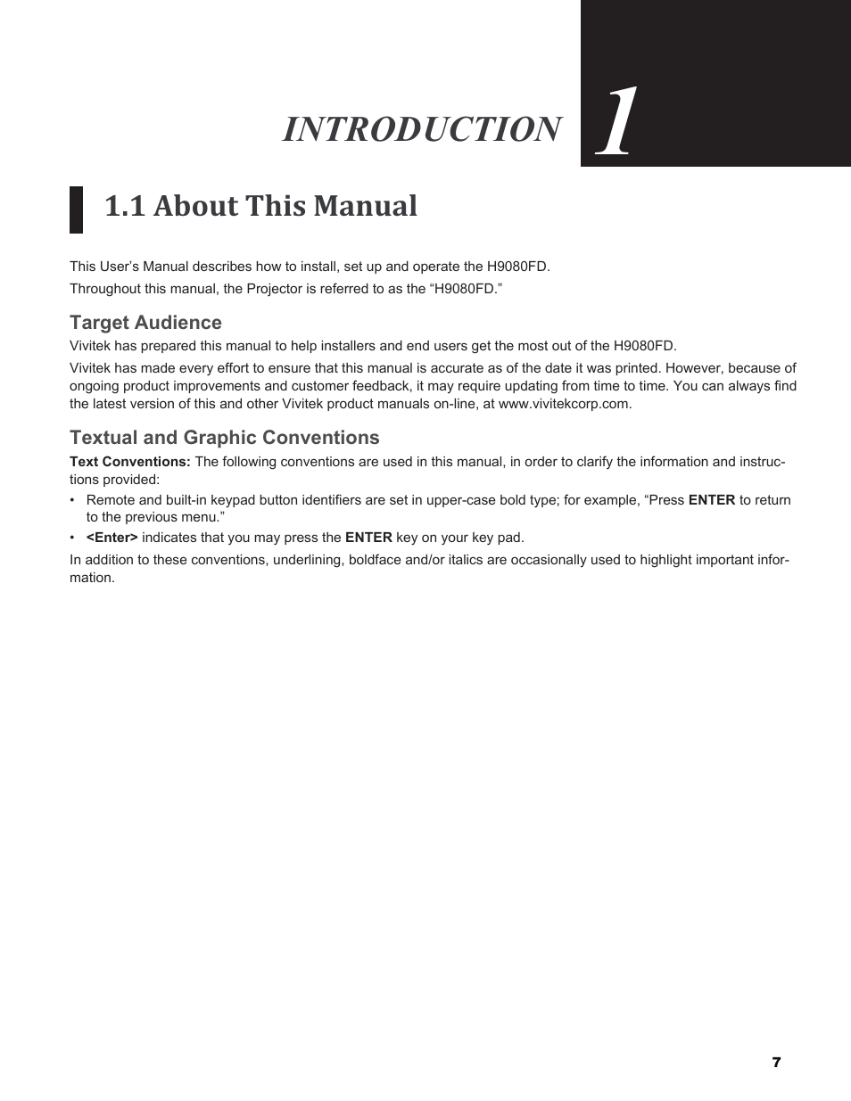 Introduction, 1 about this manual, Target audience | Textual and graphic conventions, Target.audience textual.and.graphic.conventions | Vivitek H9080FD User Manual | Page 7 / 73