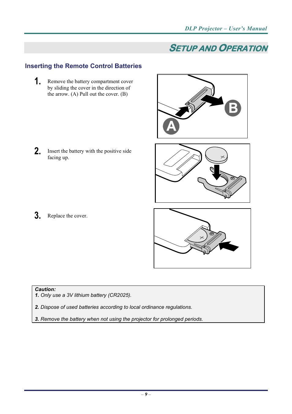 Setup and operation, Inserting the remote control batteries, Nserting the | Emote, Ontrol, Atteries, Etup and, Peration | Vivitek D3 User Manual | Page 17 / 62