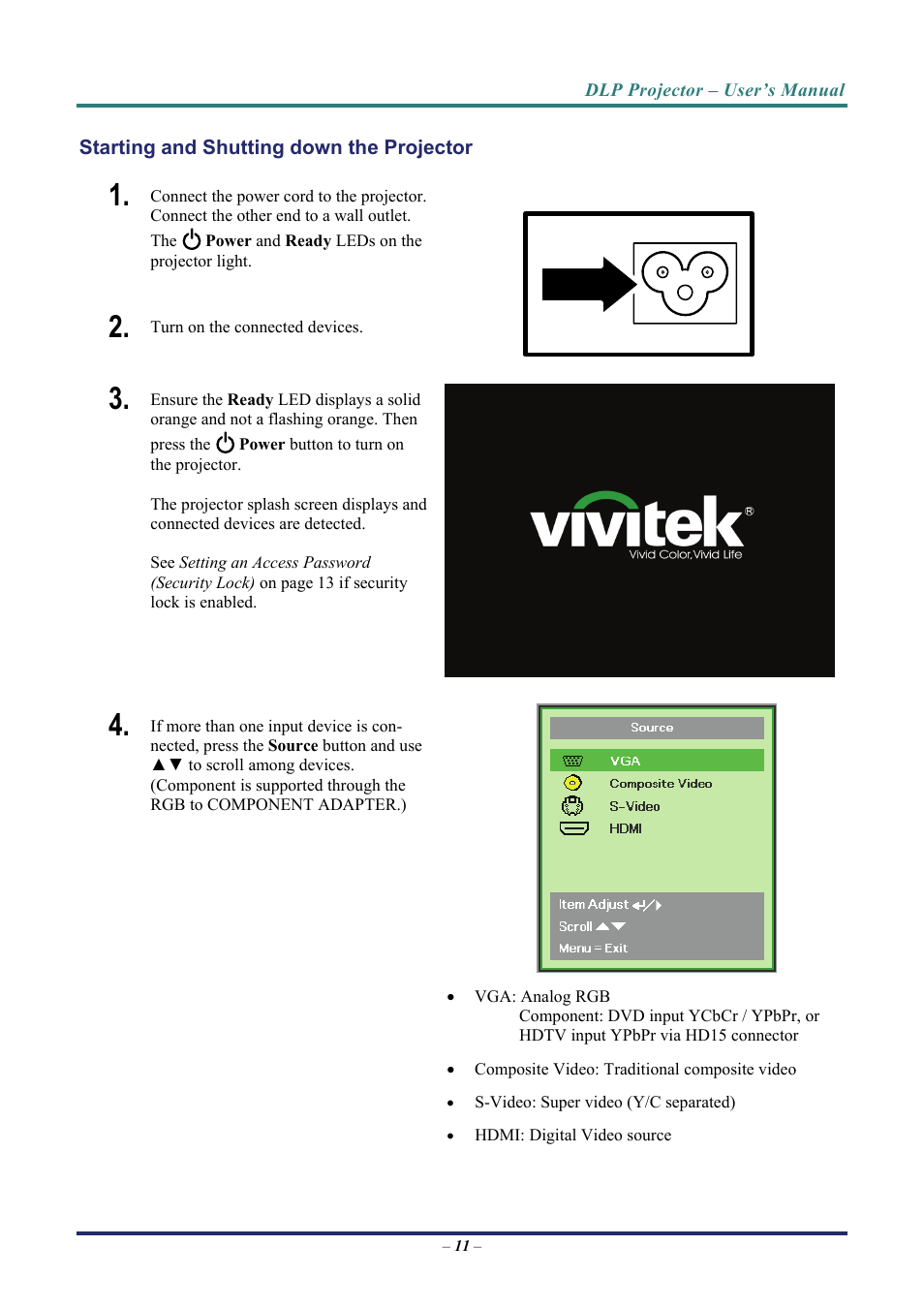 Starting and shutting down the projector, Tarting and, Hutting down the | Rojector | Vivitek D3 User Manual | Page 19 / 62