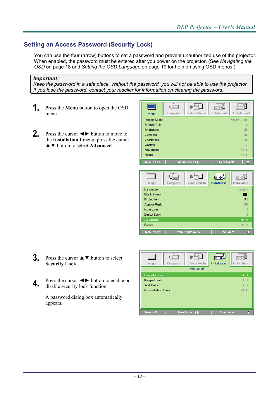 Setting an access password (security lock), Etting an, Ccess | Assword, Ecurity | Vivitek D3 User Manual | Page 21 / 62