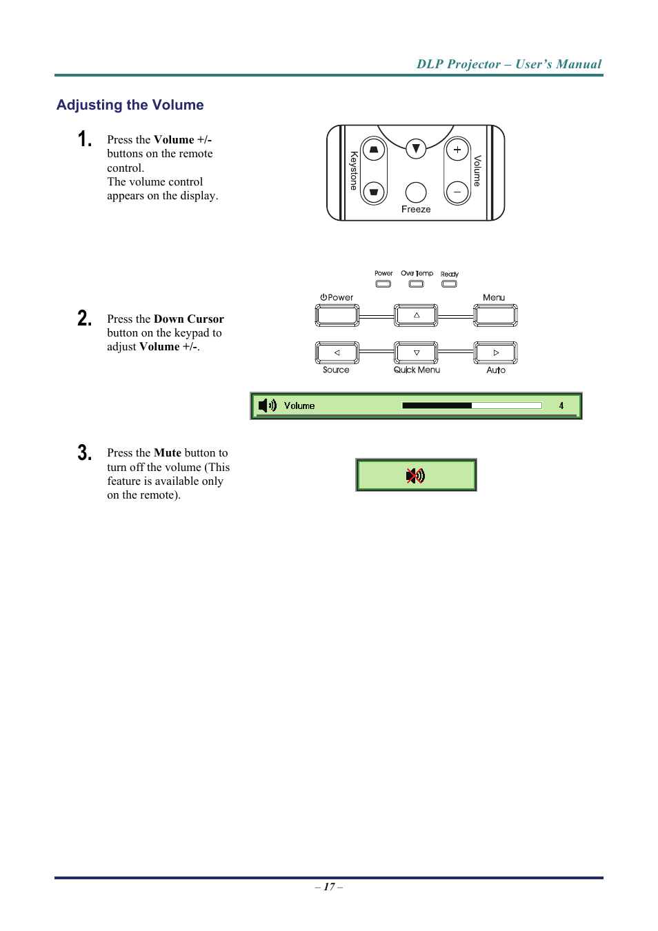 Adjusting the volume, Djusting the, Olume | Vivitek D3 User Manual | Page 25 / 62