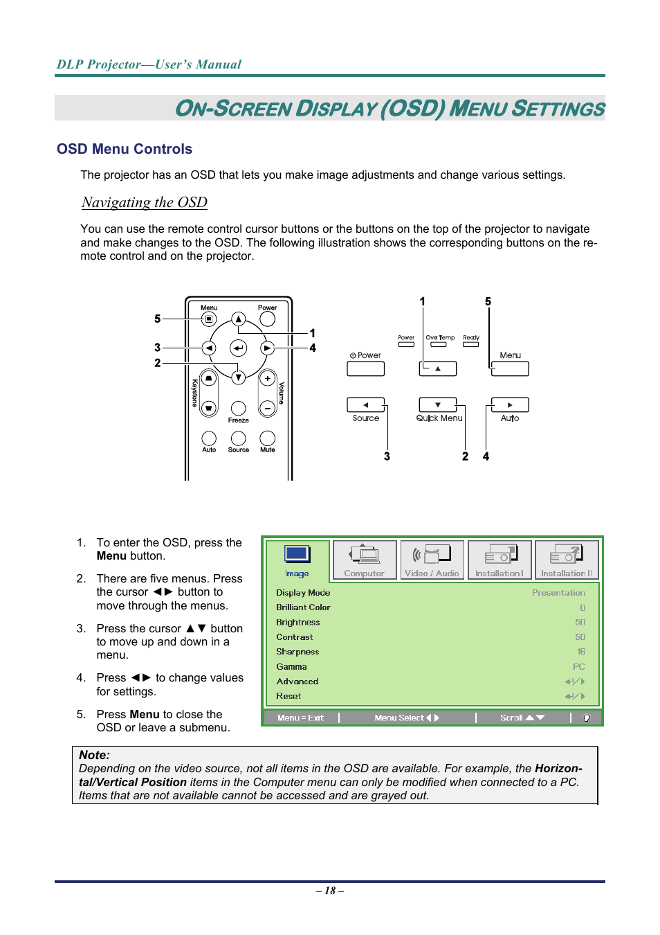 On-screen display (osd) menu settings, Osd menu controls, Navigating the osd | Ontrols, Osd), Creen, Isplay, Ettings | Vivitek D3 User Manual | Page 26 / 62