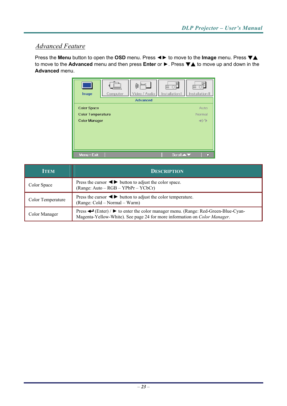 Advanced feature, Color manager | Vivitek D3 User Manual | Page 31 / 62
