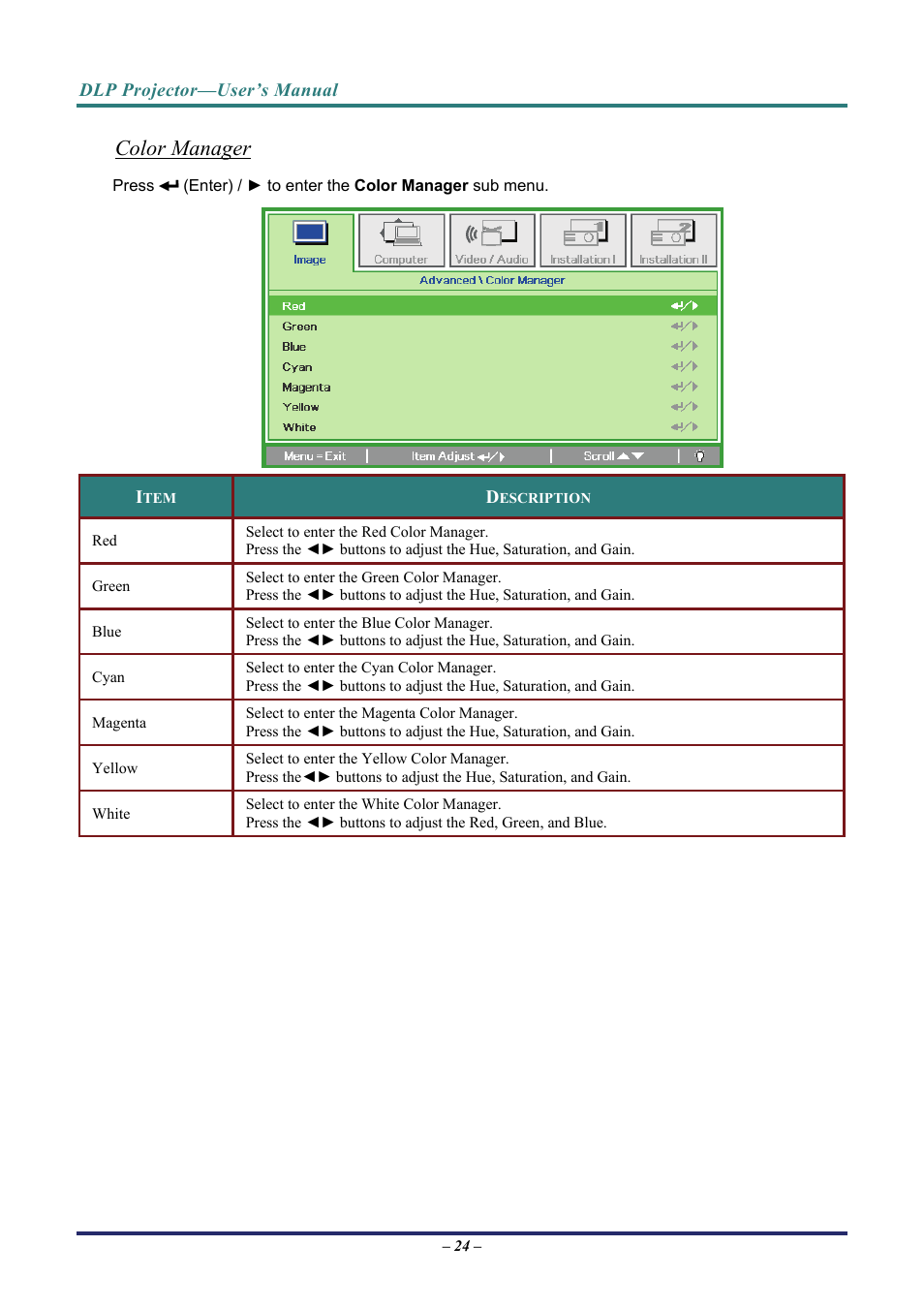 Color manager | Vivitek D3 User Manual | Page 32 / 62