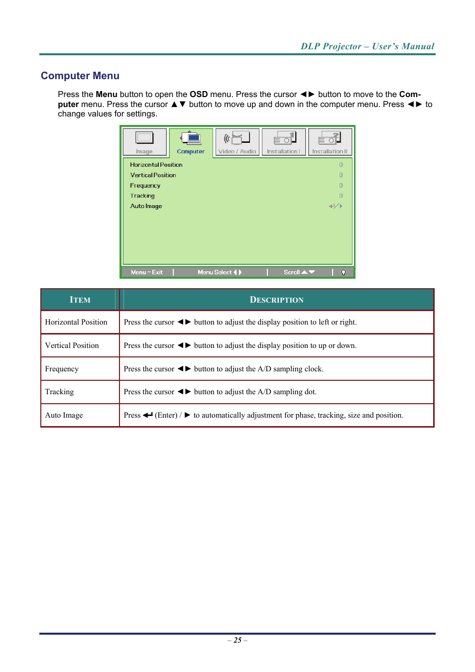 Computer menu, Omputer | Vivitek D3 User Manual | Page 33 / 62