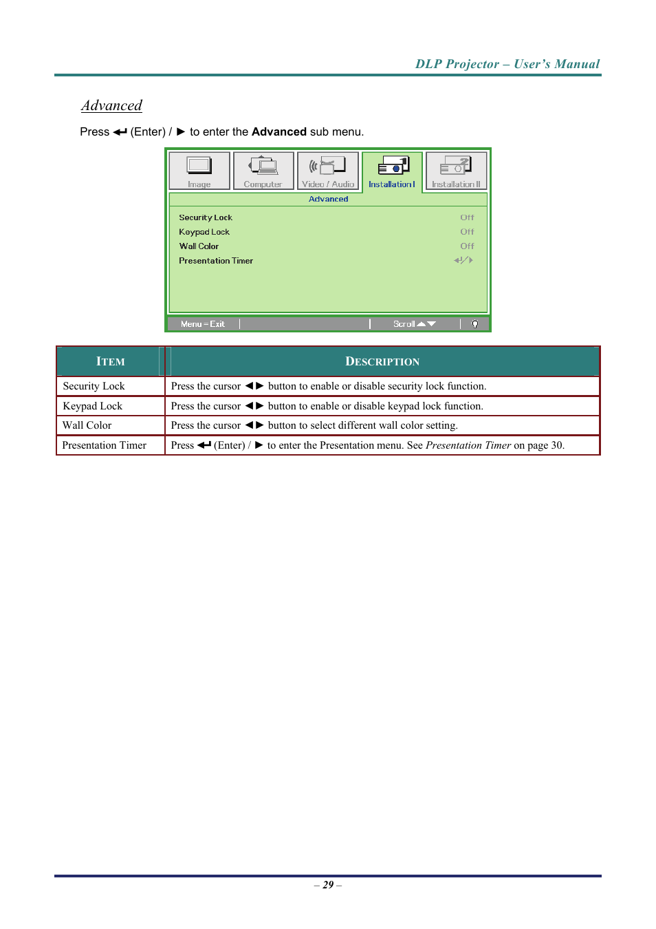 Advanced, Presentation timer | Vivitek D3 User Manual | Page 37 / 62